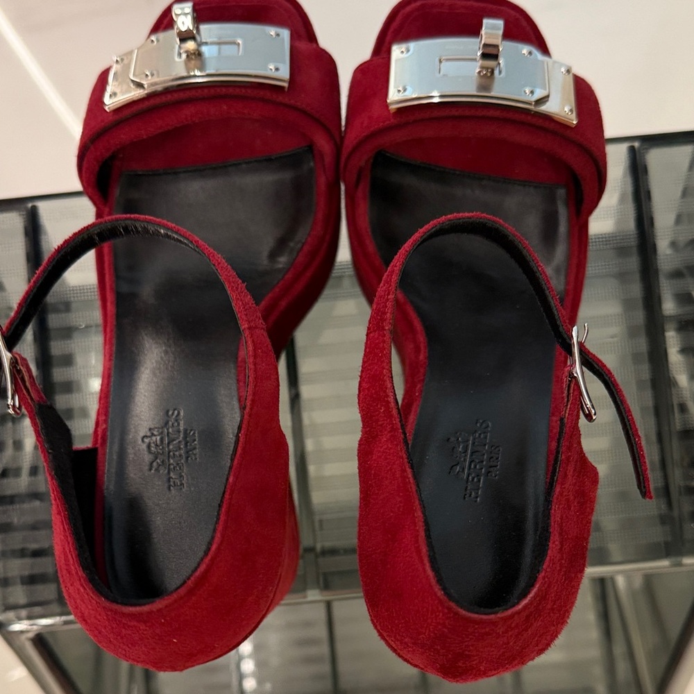 Hermes Red Heeled Sandals with Silver Accents - Picture 5 of 5